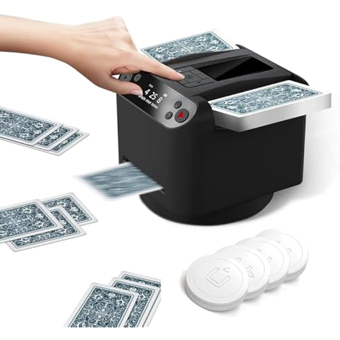 rayihni AUTOMATIC CARD SHUFFLER AND DEALER 2-IN-1,360 ROTATING CARD DEALER MACHINE,RECHARGEABLE QUIET PLAYING CARD SHUFFLER,SUPPORT 12 PLAYERS,WITH 4 WIRELESS DEALER BUTTONS,FOR BOARD GAMES AND POKER GAMES - Image 1